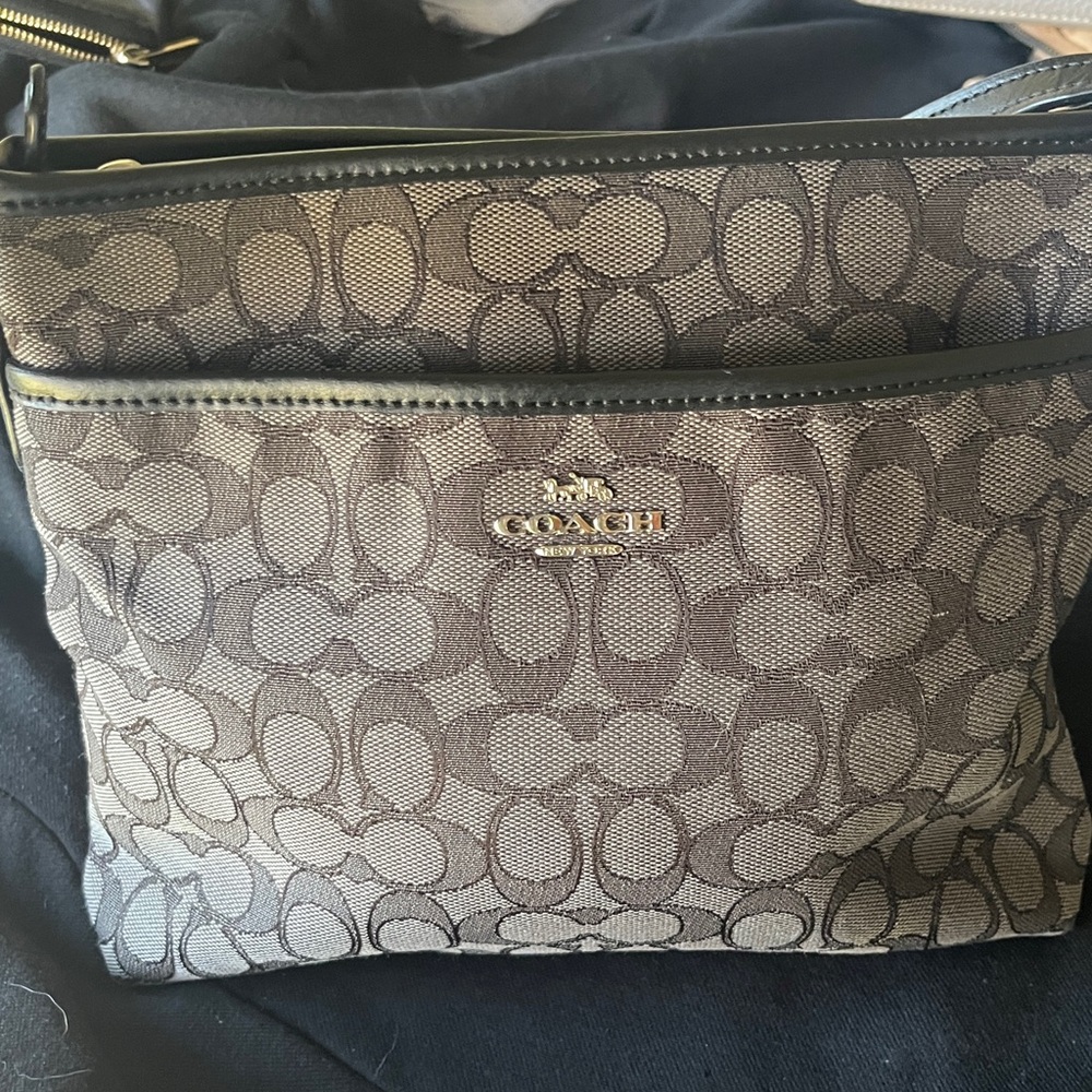 New Coach Black and Grey Signature Shoulder Bag